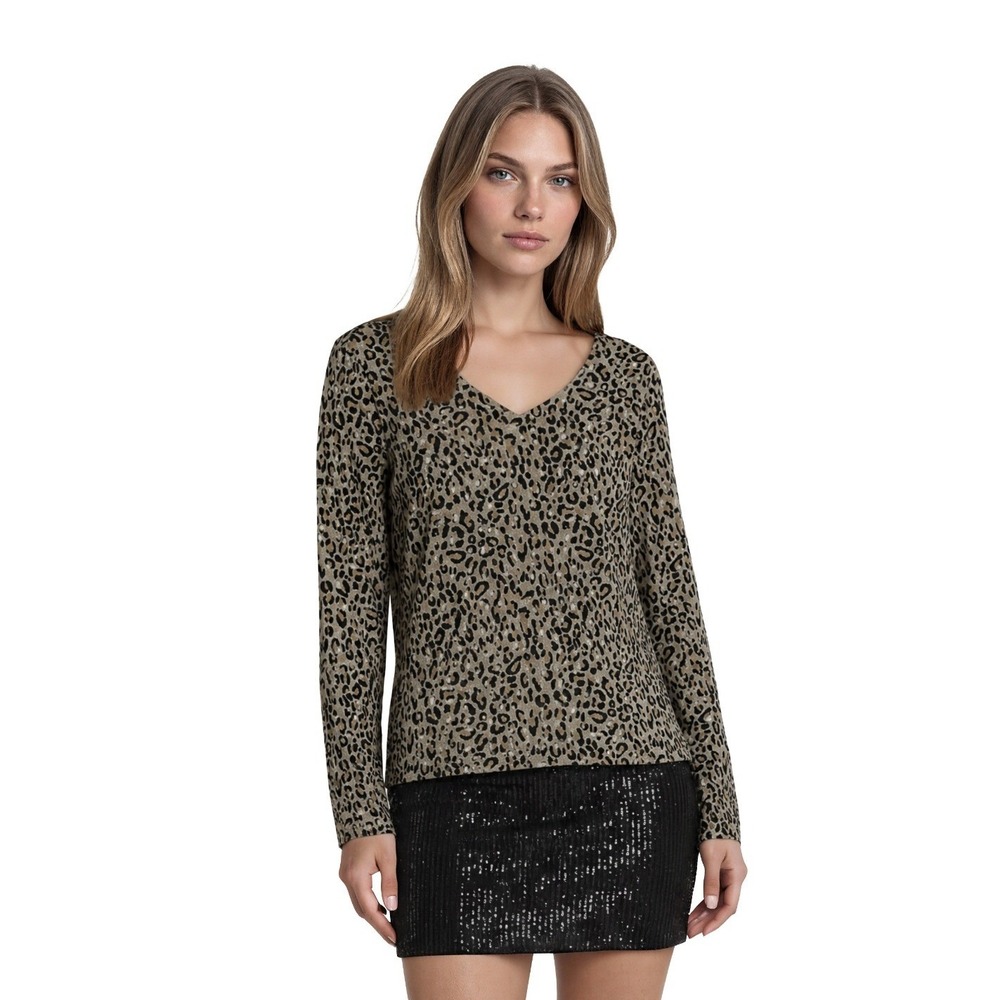 Tyler Boe Top Women's Size Small Leopard V Neck‎ Long Sleeve Curved Hem Sweater